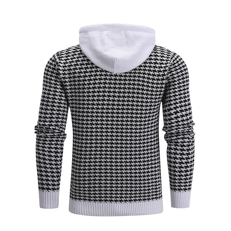 Men's Pullover Jacquard Houndstooth Hooded Sweater Basic Vintage Style