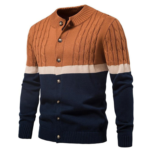 Herren Strickjacke aus Baumwolle mit Stehkragen und kontrastierenden Streifen
