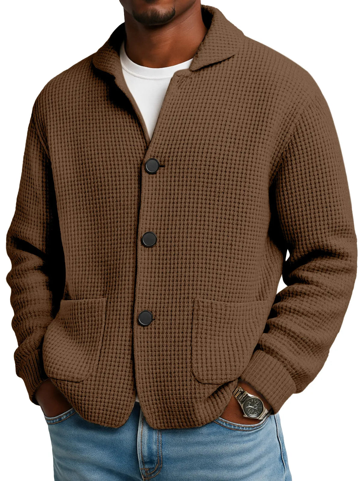 Herbst- und Winterstrickjacke mit Stehkragen in Unifarbe