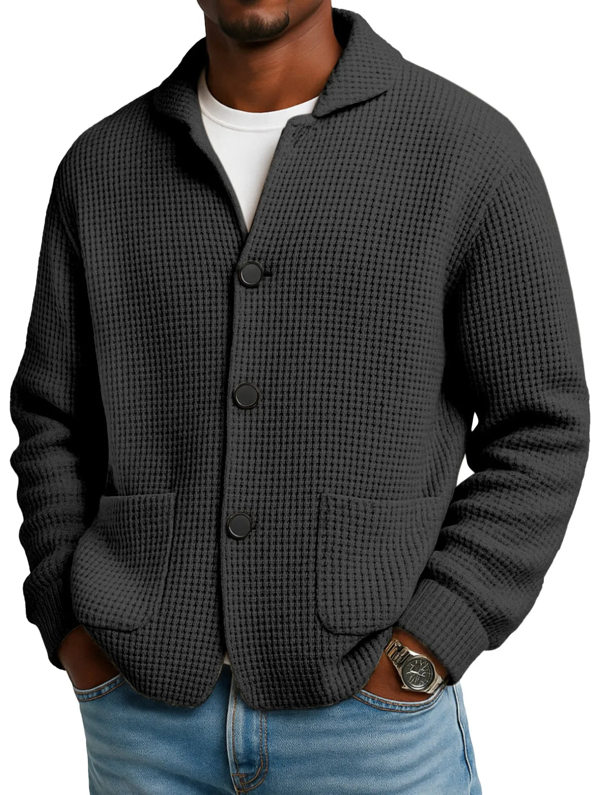 Herbst- und Winterstrickjacke mit Stehkragen in Unifarbe