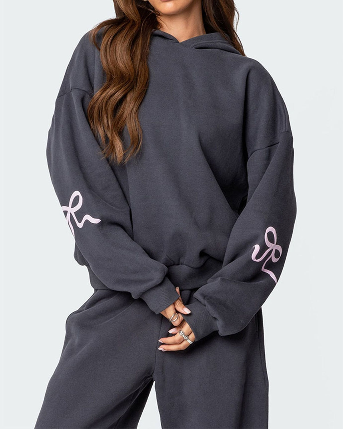 Weihnachtsverkauf 50 % RABATT – Damen-Sweatset mit Kapuzenpullover und Schleifendetail