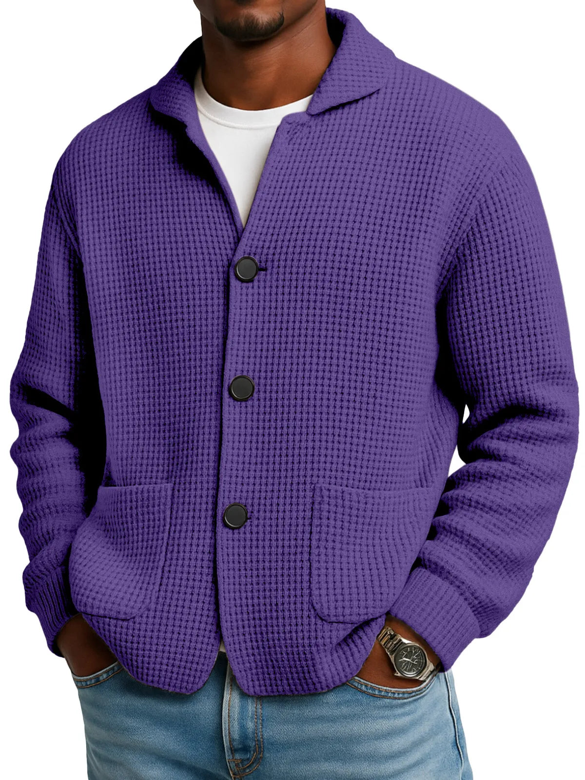 Herbst- und Winterstrickjacke mit Stehkragen in Unifarbe