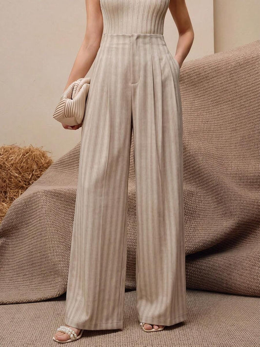 High Waist Pleated A-Line Striped Wide Leg Trousers