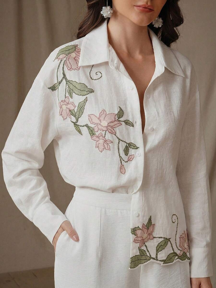Elegante, bestickte Langarm-Bluse für Damen