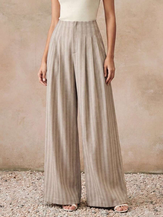 High Waist Pleated A-Line Striped Wide Leg Trousers