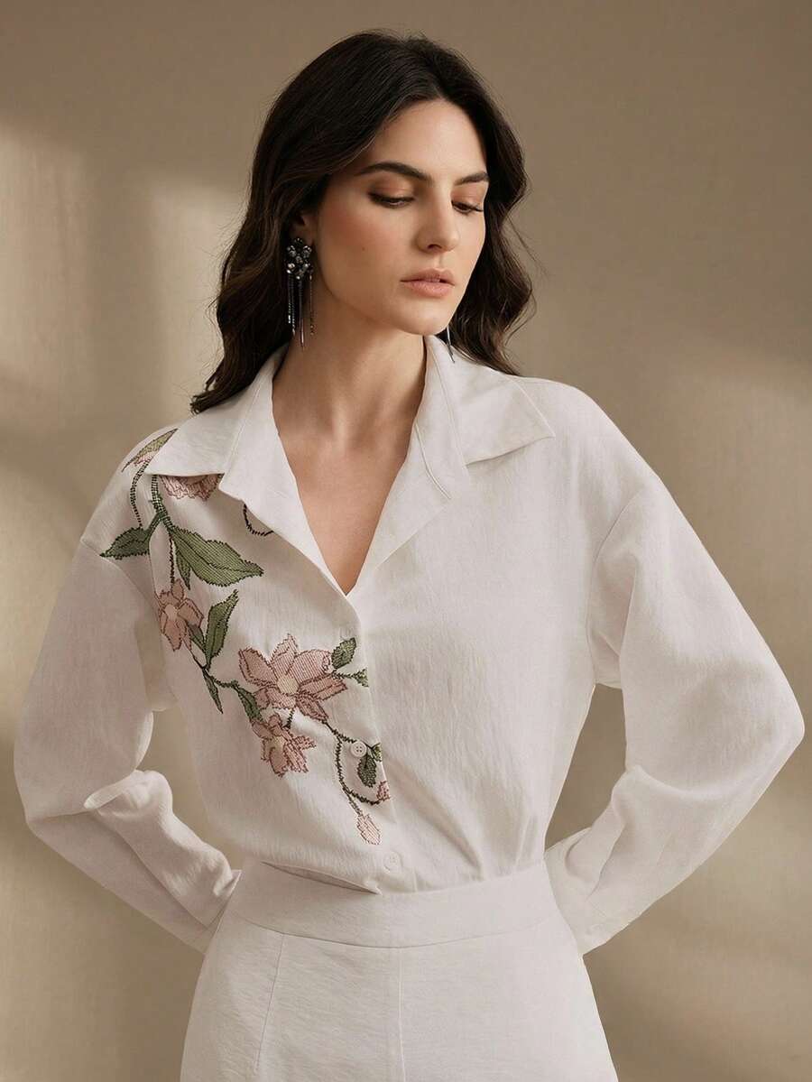 Elegante, bestickte Langarm-Bluse für Damen