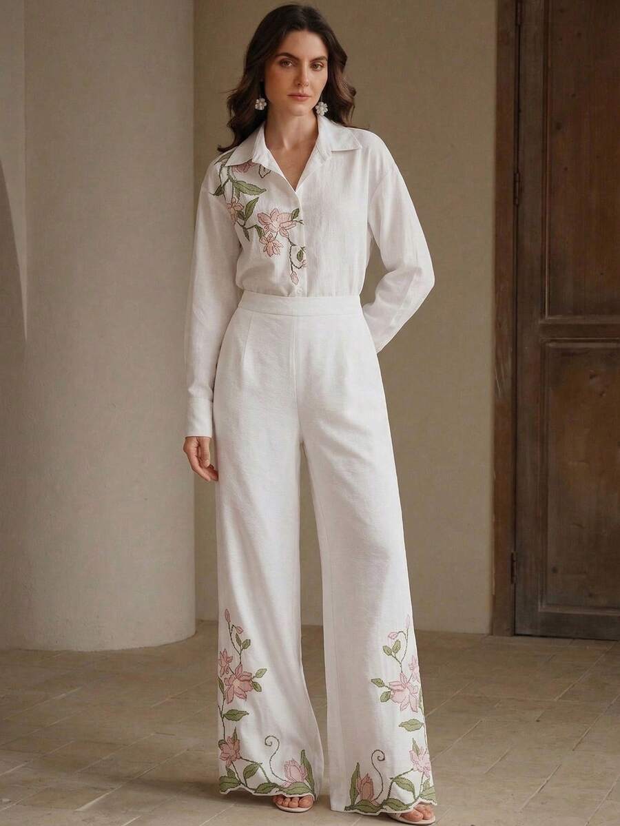 Elegante, bestickte Langarm-Bluse für Damen