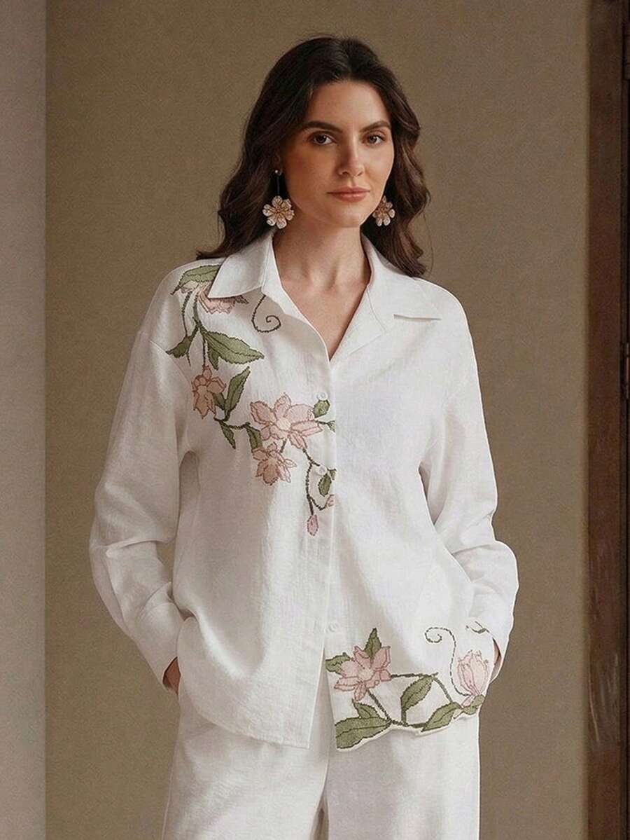 Elegante, bestickte Langarm-Bluse für Damen