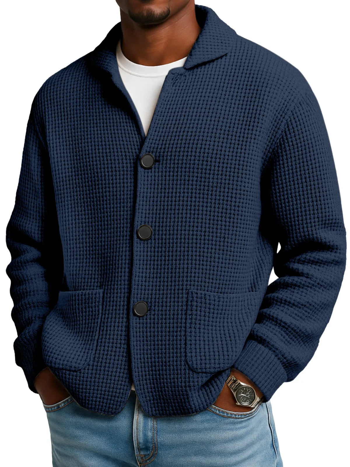 Herbst- und Winterstrickjacke mit Stehkragen in Unifarbe
