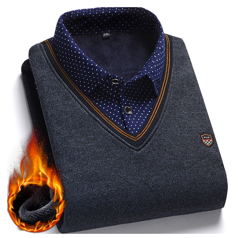 Herren Fleece-Patchwork-Strickpullover in Fake-Zwei-Stück-Optik