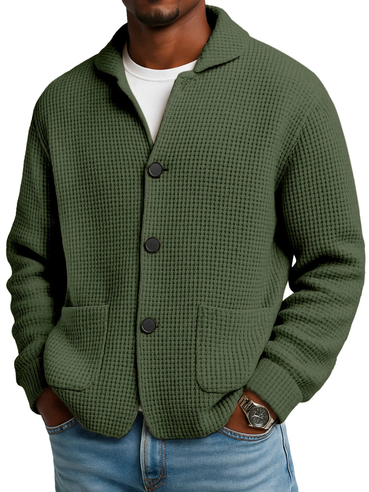 Herbst- und Winterstrickjacke mit Stehkragen in Unifarbe