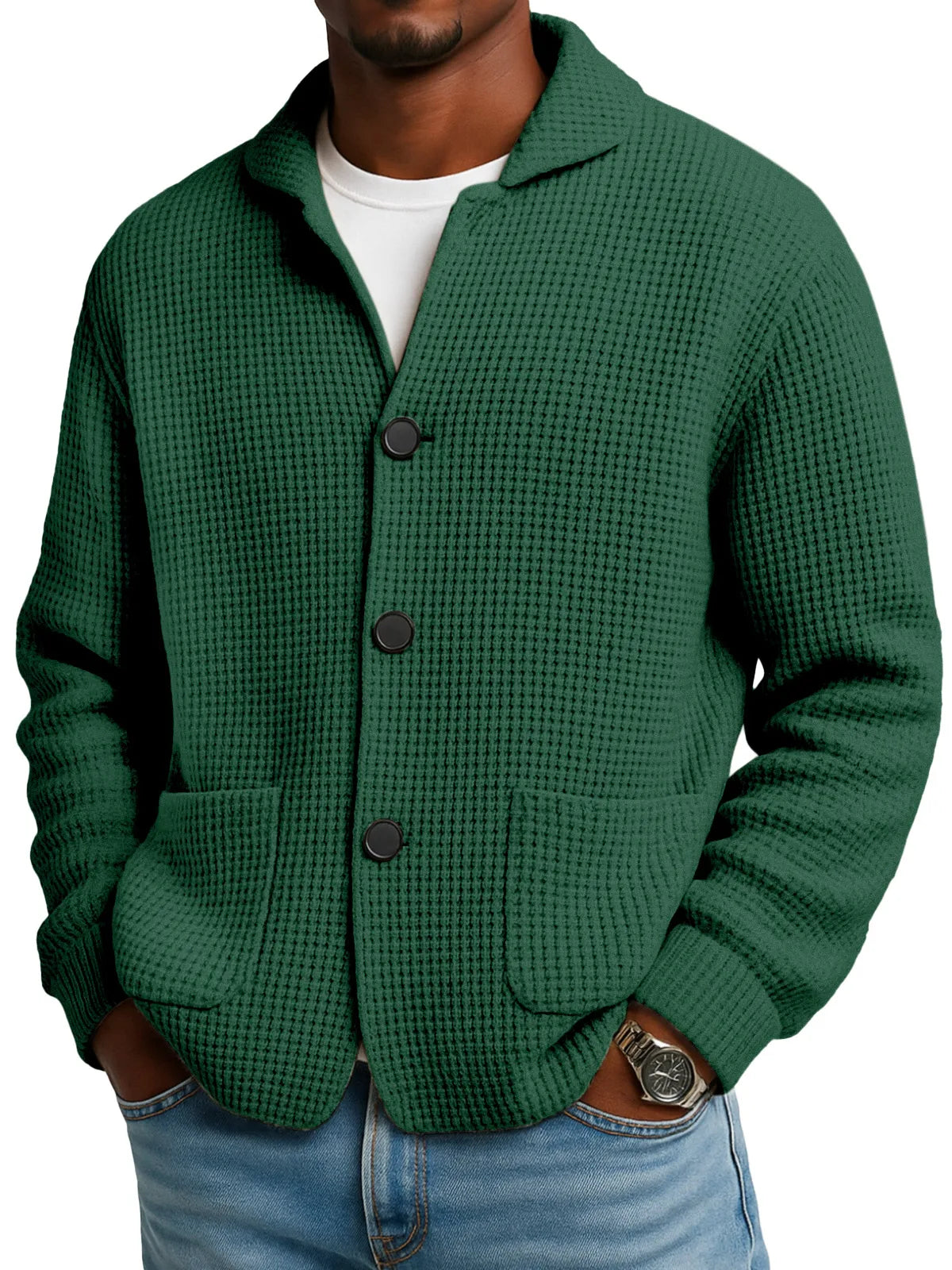Herbst- und Winterstrickjacke mit Stehkragen in Unifarbe