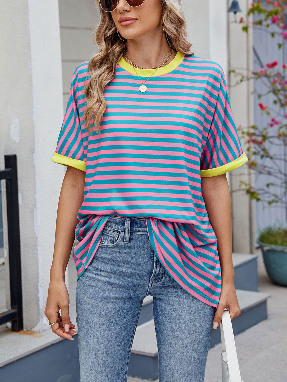 💖Damen Oversized Sommer-Oberteile Gestreiftes Freizeit-T-Shirt