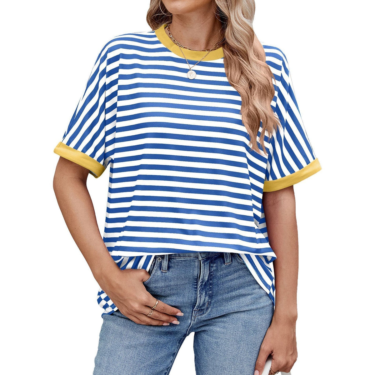 💖Damen Oversized Sommer-Oberteile Gestreiftes Freizeit-T-Shirt