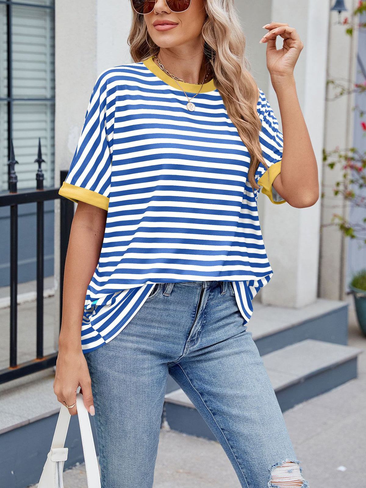 💖Damen Oversized Sommer-Oberteile Gestreiftes Freizeit-T-Shirt