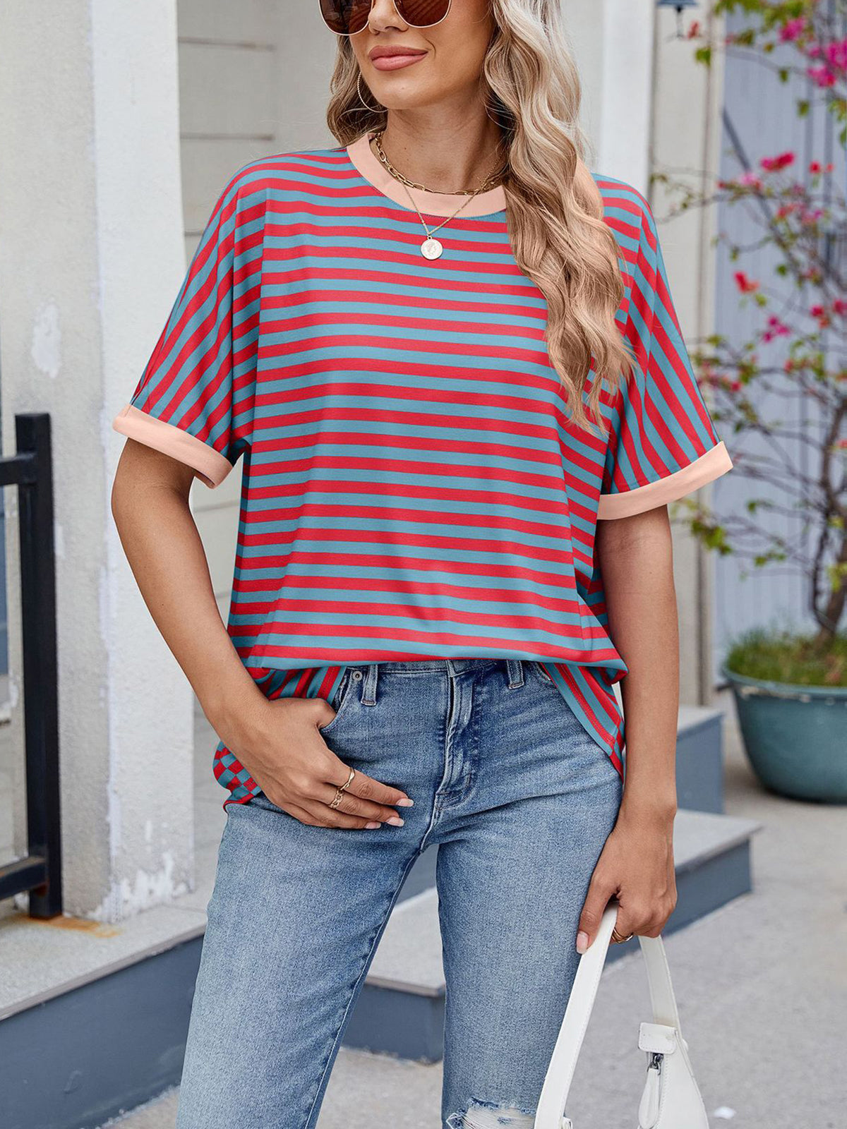 💖Damen Oversized Sommer-Oberteile Gestreiftes Freizeit-T-Shirt