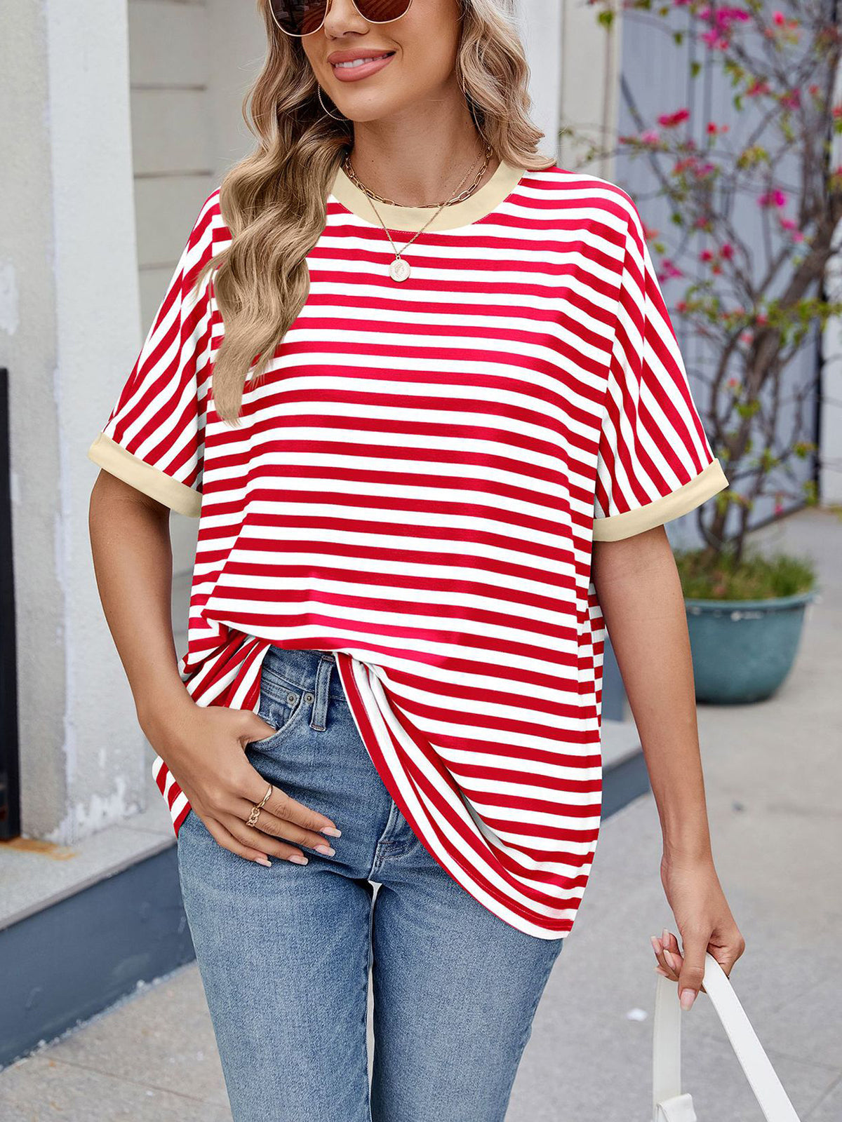💖Damen Oversized Sommer-Oberteile Gestreiftes Freizeit-T-Shirt