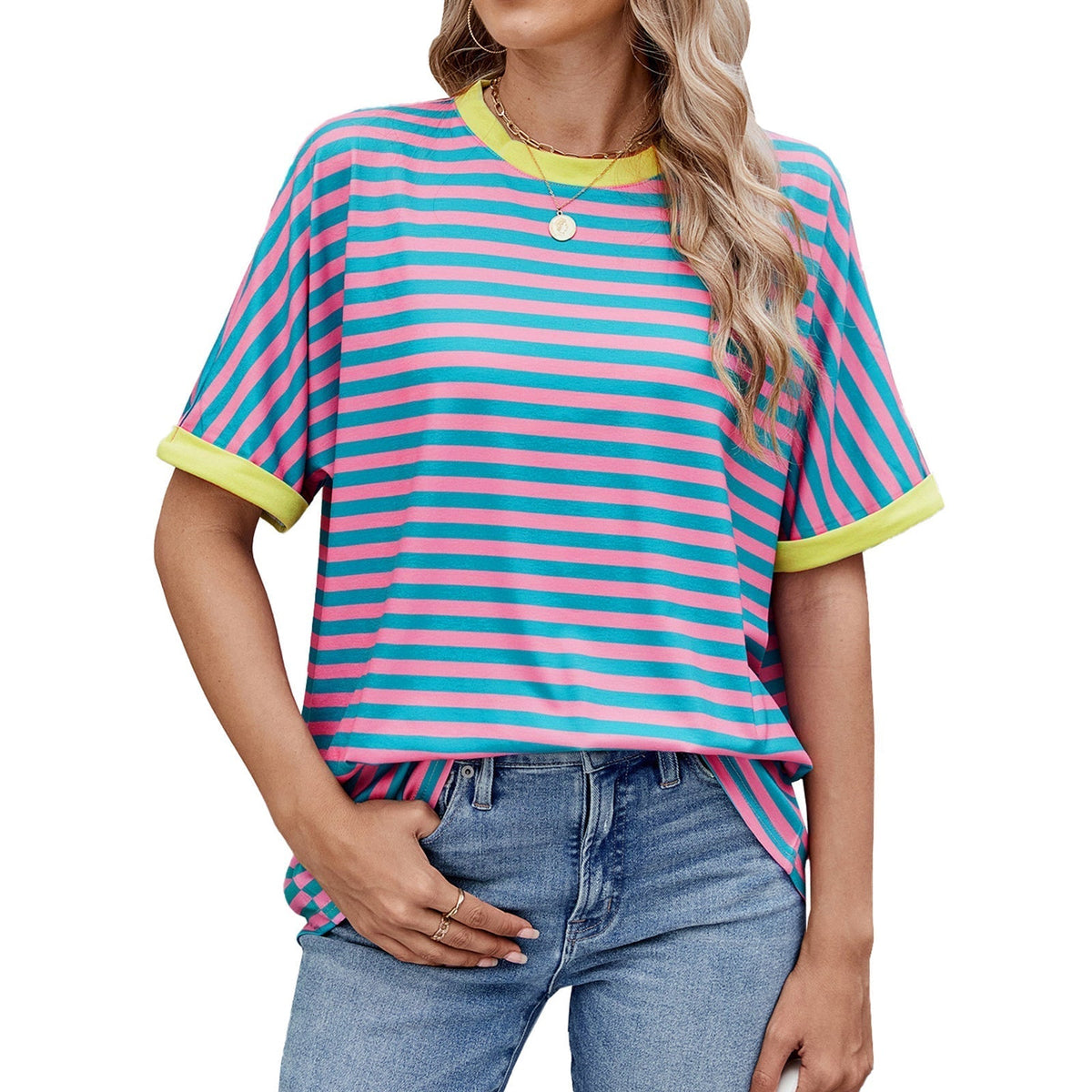💖Damen Oversized Sommer-Oberteile Gestreiftes Freizeit-T-Shirt
