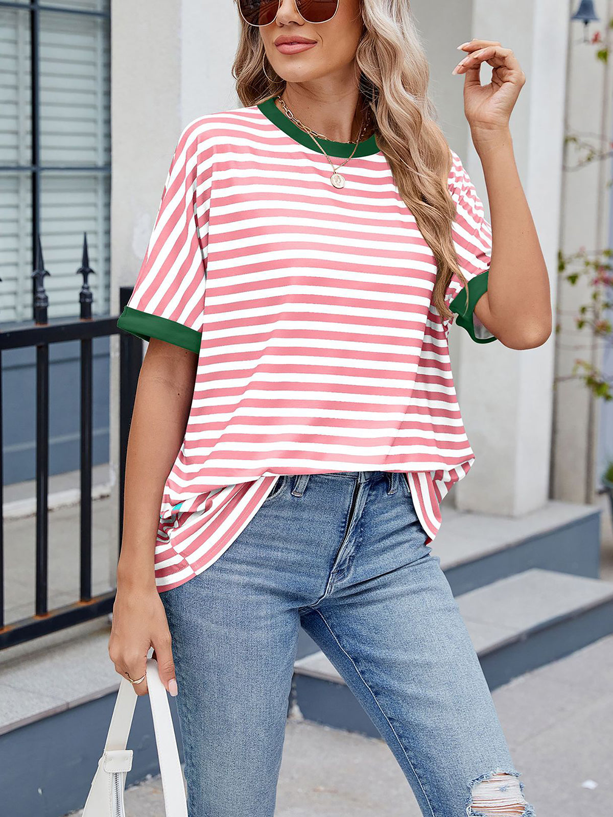 💖Damen Oversized Sommer-Oberteile Gestreiftes Freizeit-T-Shirt