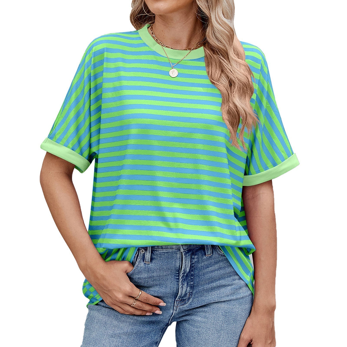 💖Damen Oversized Sommer-Oberteile Gestreiftes Freizeit-T-Shirt