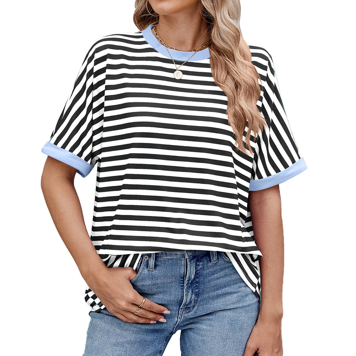 💖Damen Oversized Sommer-Oberteile Gestreiftes Freizeit-T-Shirt