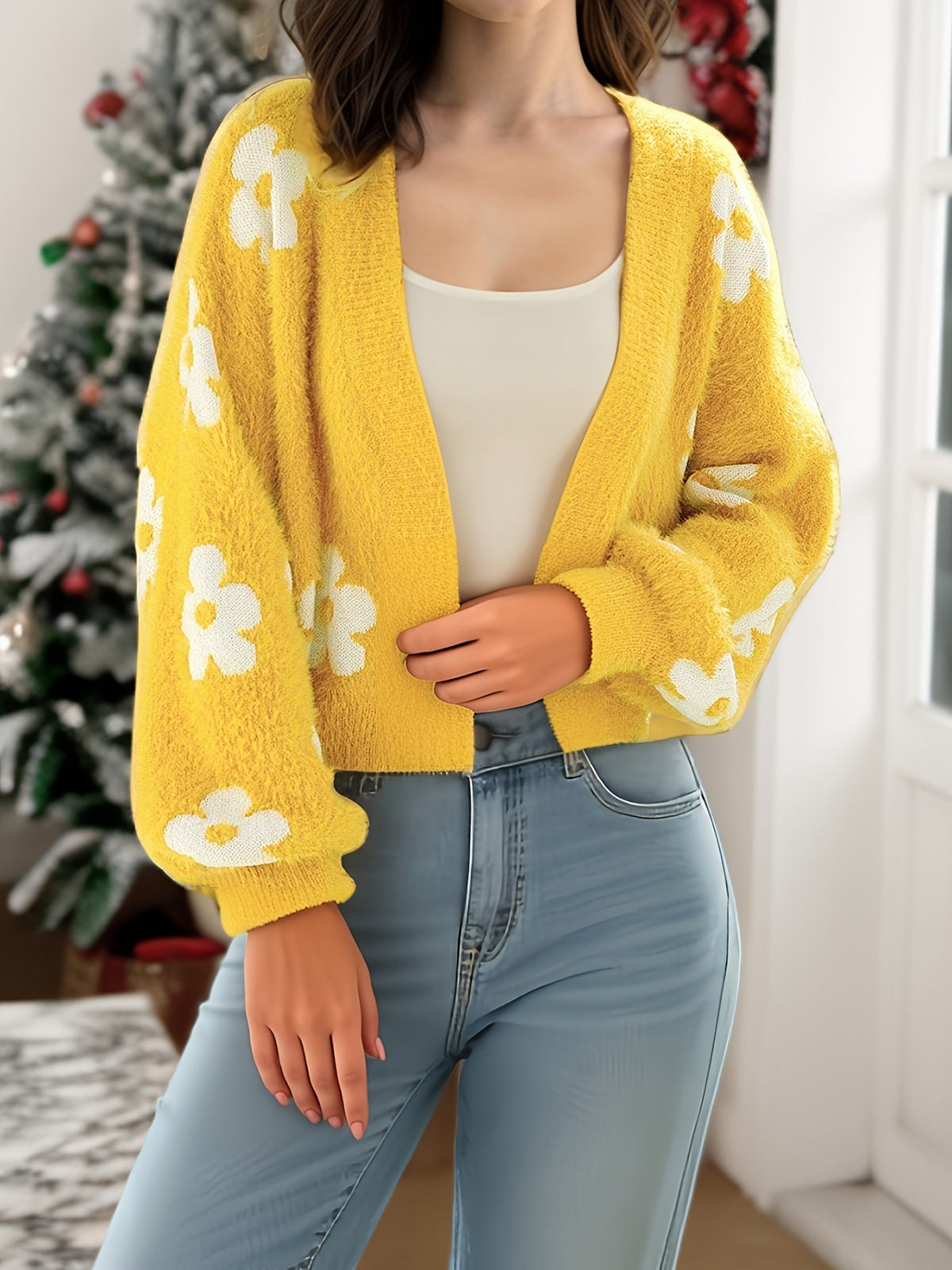 ✨Top-1 Sale Cardigan 2025✨|Damen Herbst/Winter Leichter Strickcardigan mit Blumenmuster und offener Vorderseite