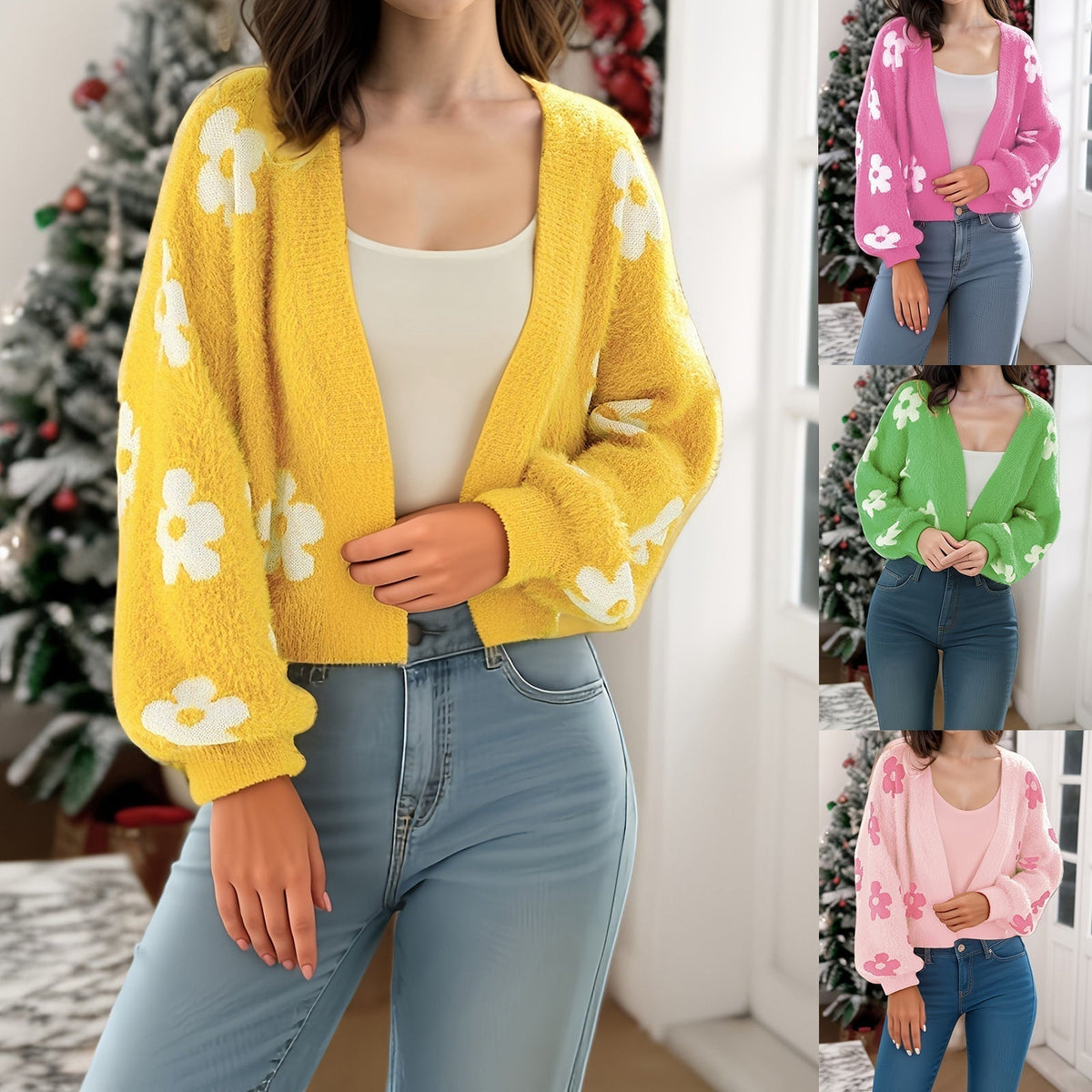 ✨Top-1 Sale Cardigan 2025✨|Damen Herbst/Winter Leichter Strickcardigan mit Blumenmuster und offener Vorderseite
