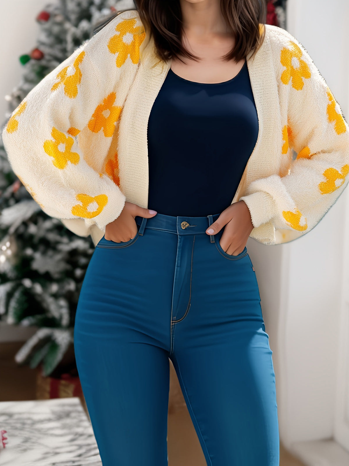 ✨Top-1 Sale Cardigan 2025✨|Damen Herbst/Winter Leichter Strickcardigan mit Blumenmuster und offener Vorderseite