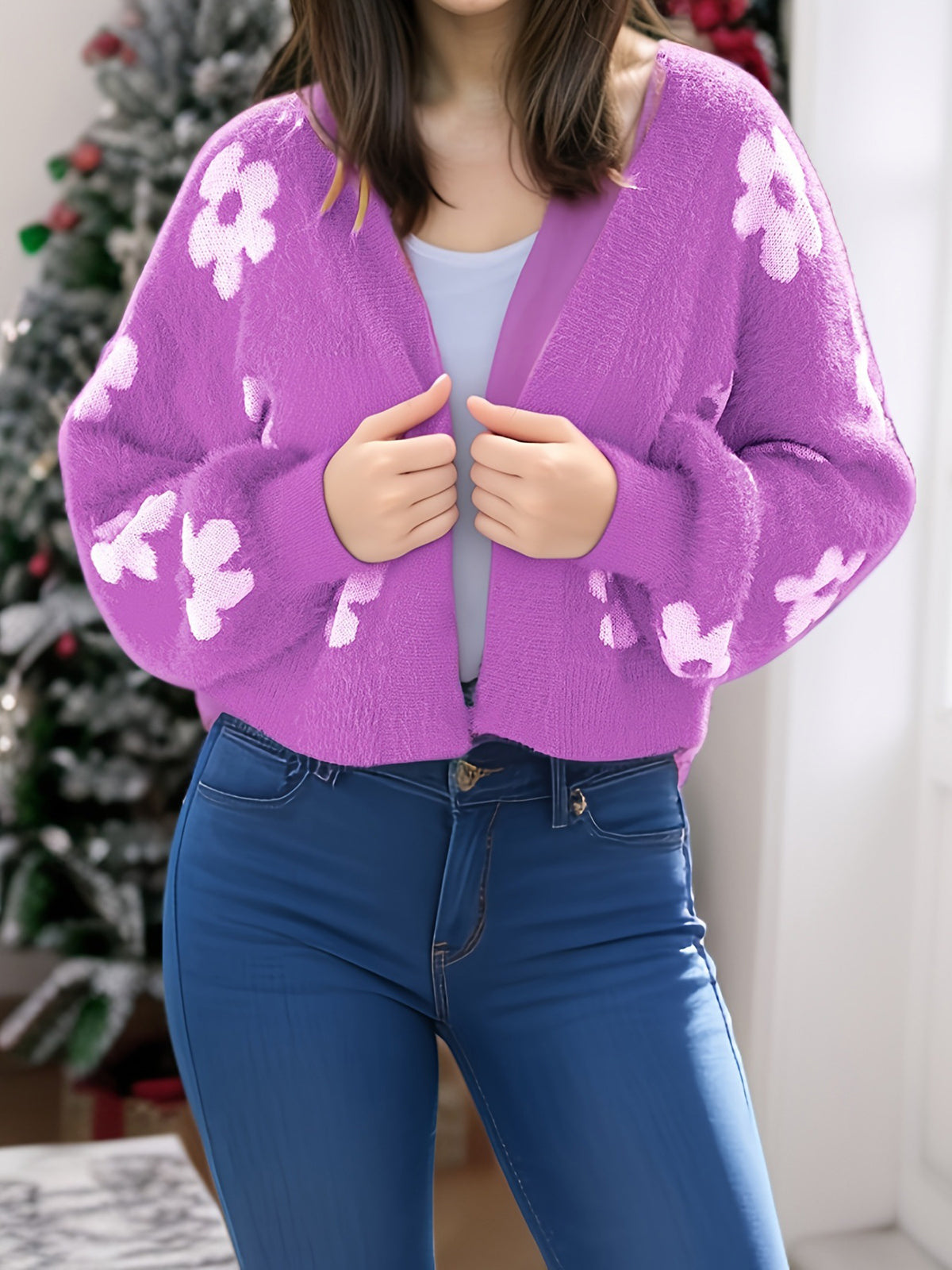 ✨Top-1 Sale Cardigan 2025✨|Damen Herbst/Winter Leichter Strickcardigan mit Blumenmuster und offener Vorderseite