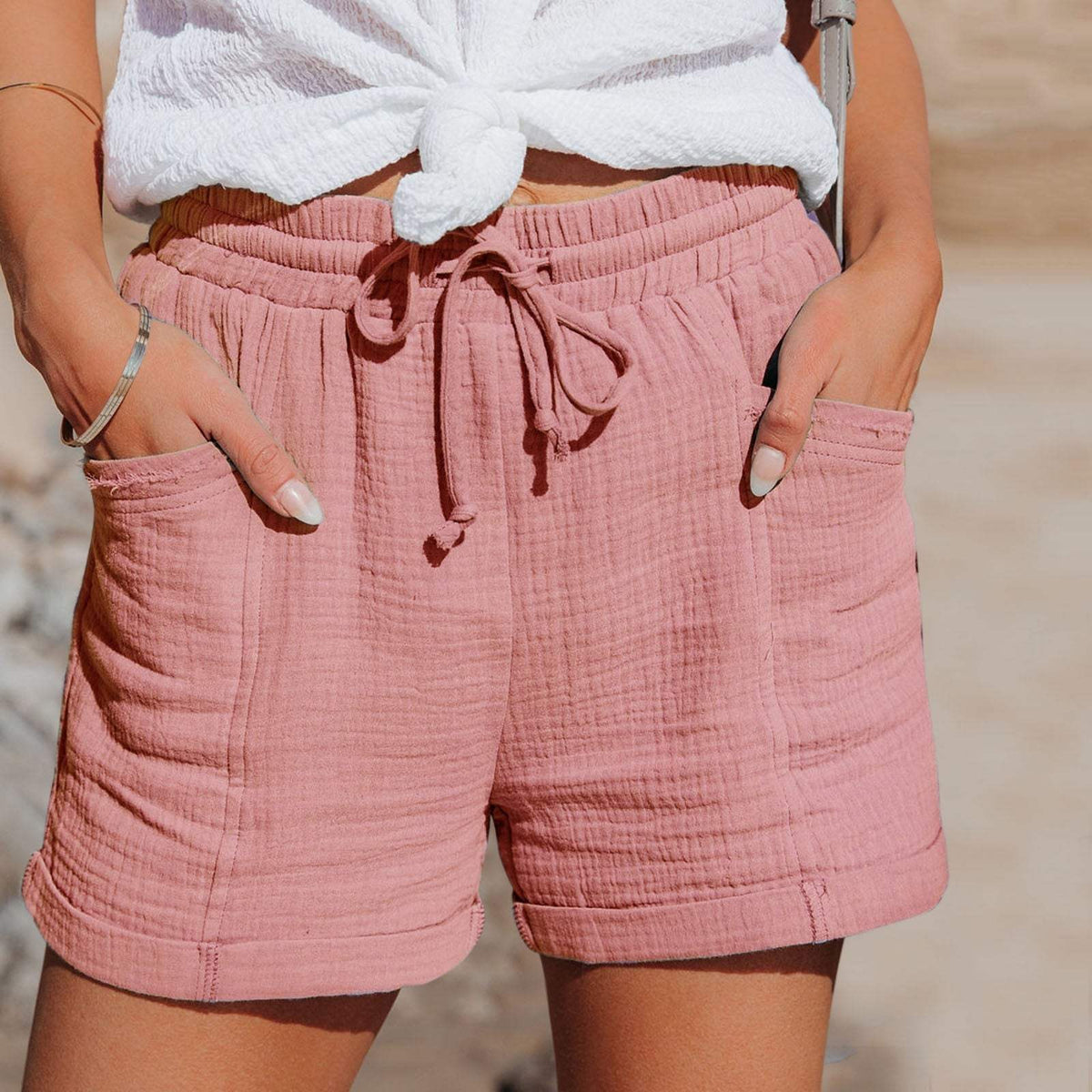Damen-Freizeitshorts – leichtes, atmungsaktives Material – elastischer Bund mit Kordelzug – lockere Passform