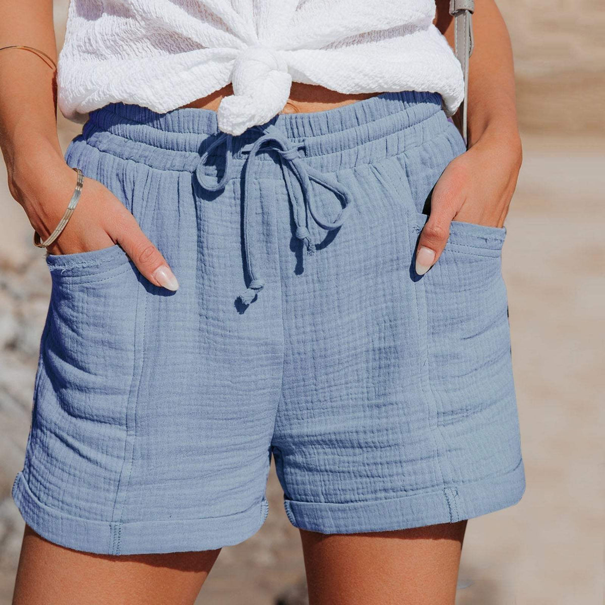 Damen-Freizeitshorts – leichtes, atmungsaktives Material – elastischer Bund mit Kordelzug – lockere Passform