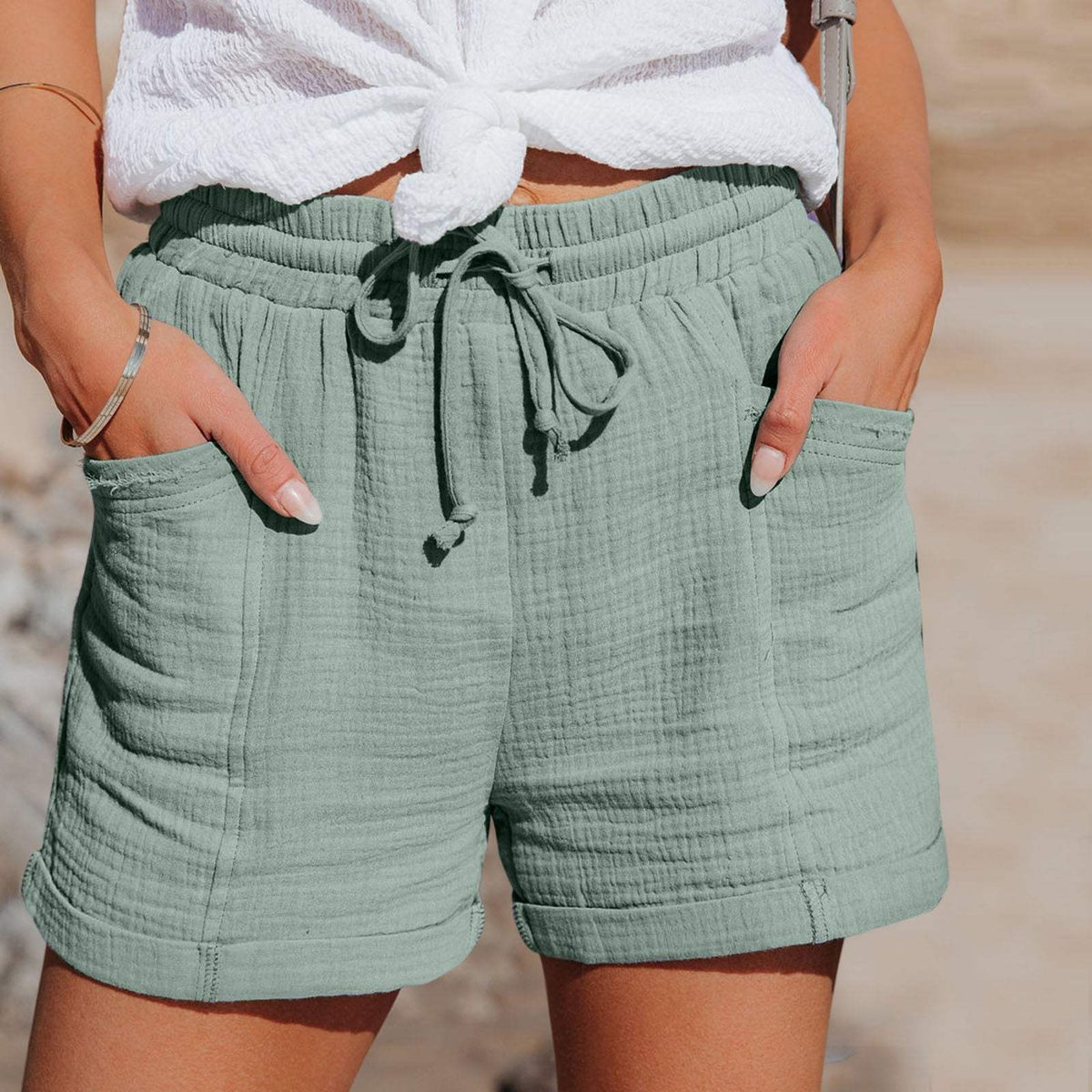Damen-Freizeitshorts – leichtes, atmungsaktives Material – elastischer Bund mit Kordelzug – lockere Passform