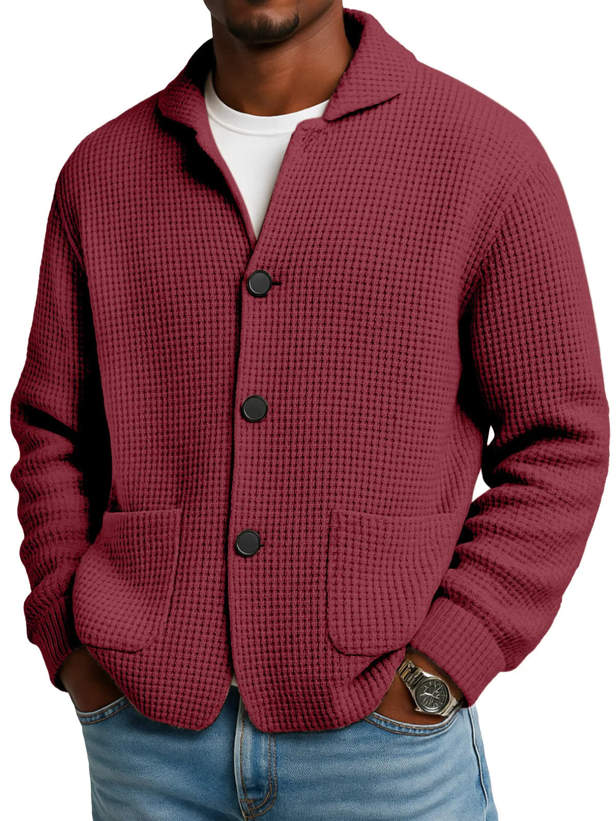 Herbst- und Winterstrickjacke mit Stehkragen in Unifarbe