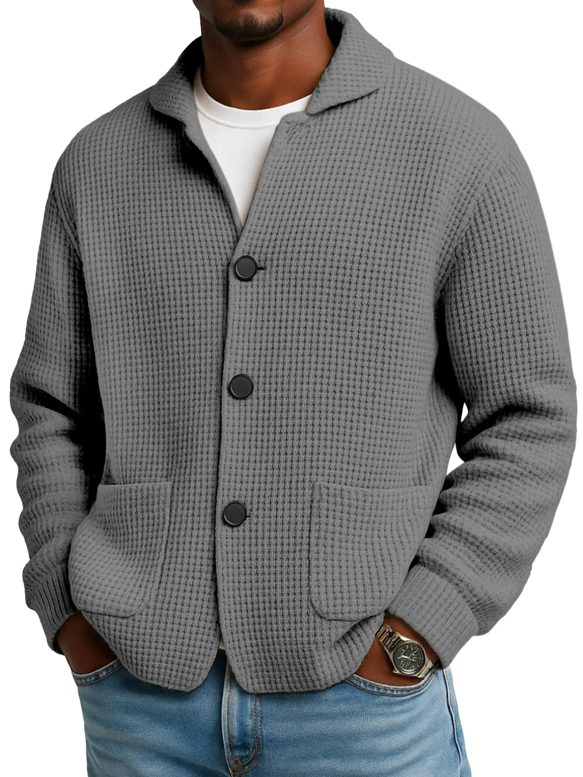 Herbst- und Winterstrickjacke mit Stehkragen in Unifarbe