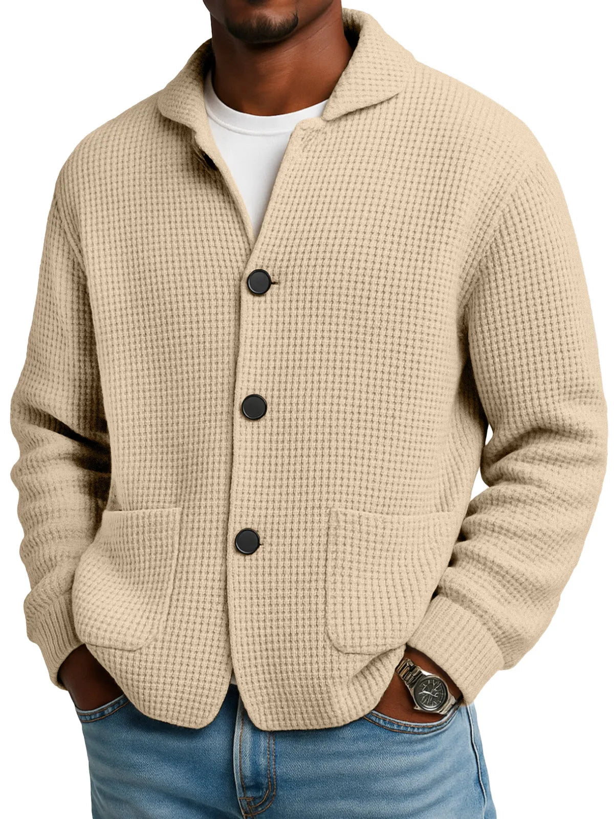 Herbst- und Winterstrickjacke mit Stehkragen in Unifarbe