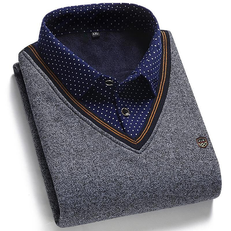 Herren Fleece-Patchwork-Strickpullover in Fake-Zwei-Stück-Optik