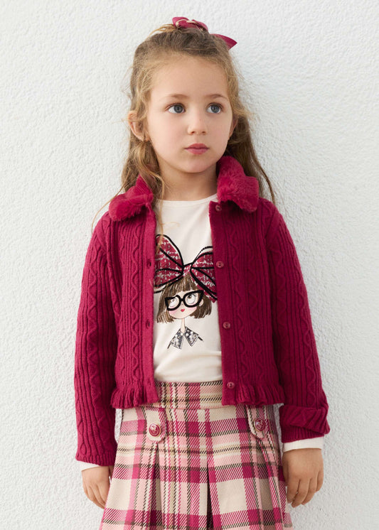 Girls' knitted cardigan with fur collar