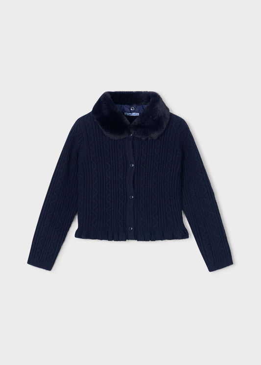 Girls' knitted cardigan with fur collar