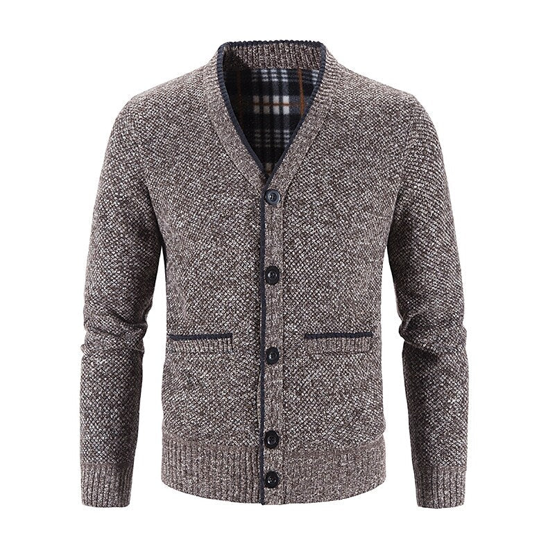 Men's Knitted V-Neck Button Down Cardigan Sweater With Flannel Lining And Pockets
