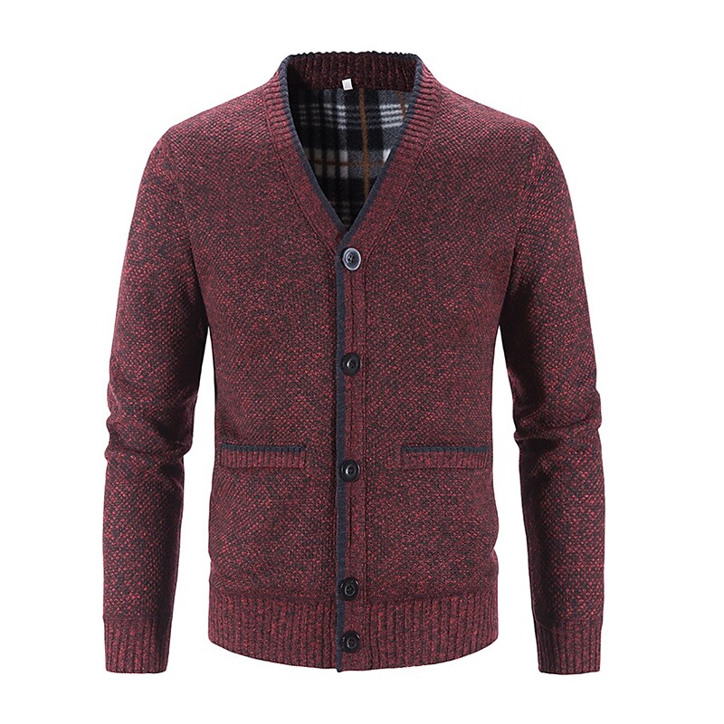 Men's Knitted V-Neck Button Down Cardigan Sweater With Flannel Lining And Pockets